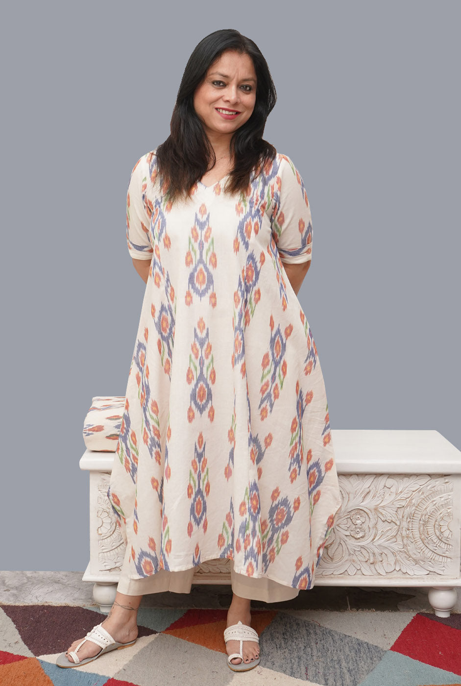 White Anti fit Ikat Kurti with Asymmetric Cut