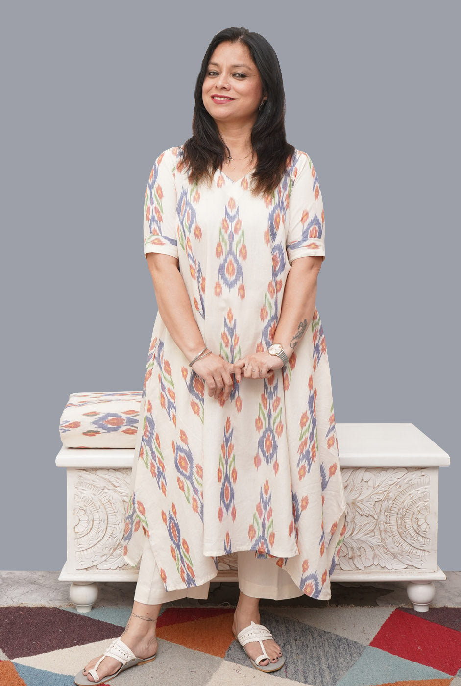 White Anti fit Ikat Kurti with Asymmetric Cut