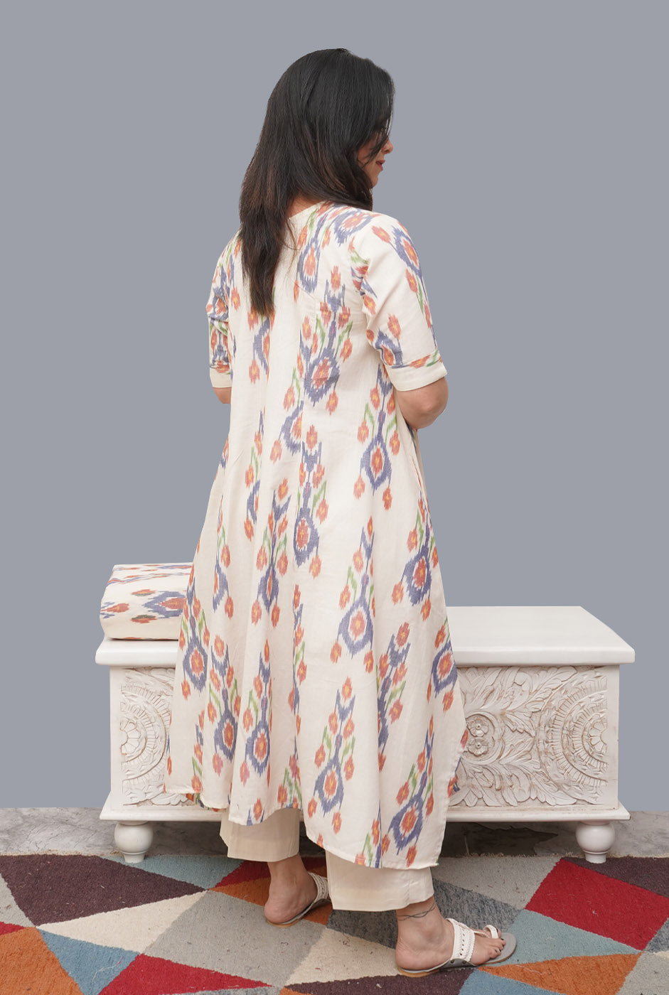 White Anti fit Ikat Kurti with Asymmetric Cut