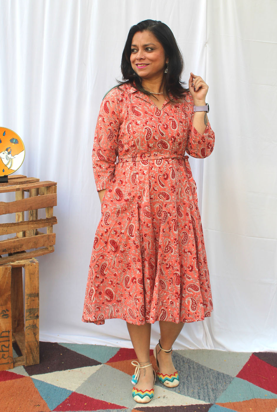 Hand block cotton kali dress with lining