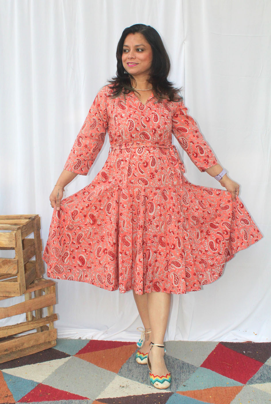 Hand block cotton kali dress with lining