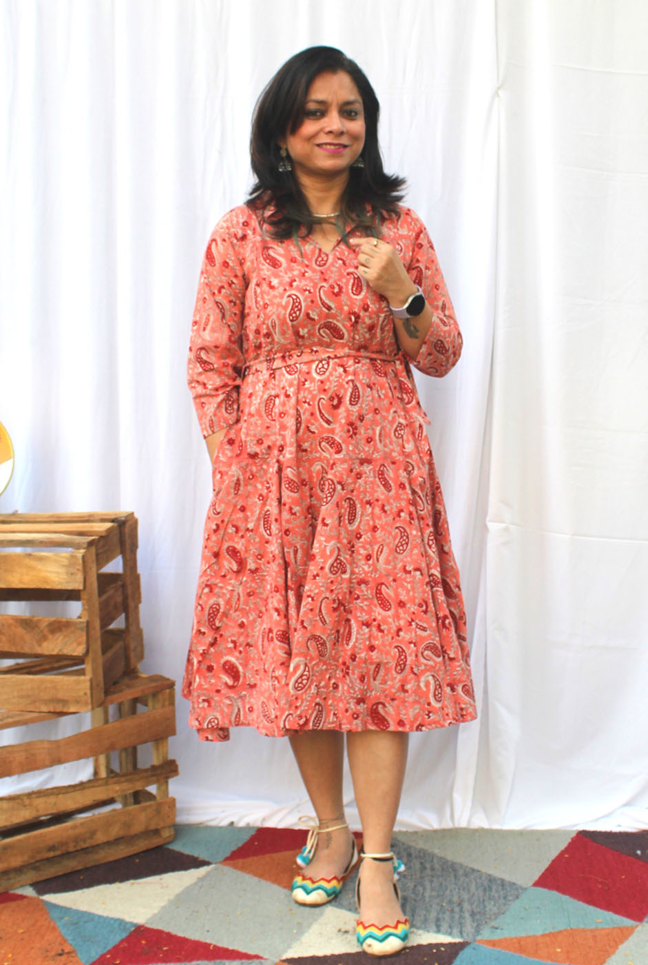 Hand block cotton kali dress with lining