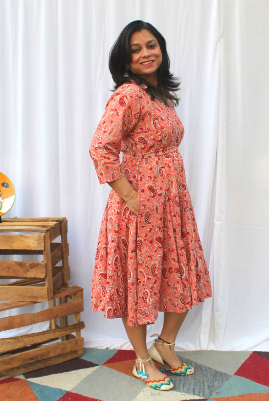 Hand block cotton kali dress with lining