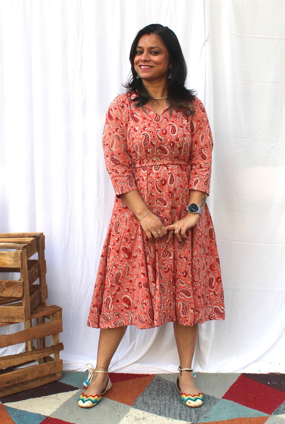 Hand block cotton kali dress with lining