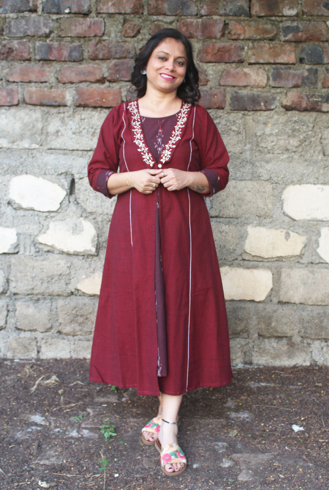 Double layered Maroon Dress With Detachable Long Shrug