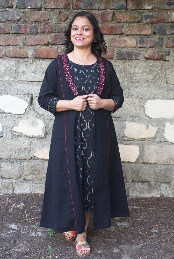 Double layered Black Dress With Detachable Long Shrug – Naksh For You