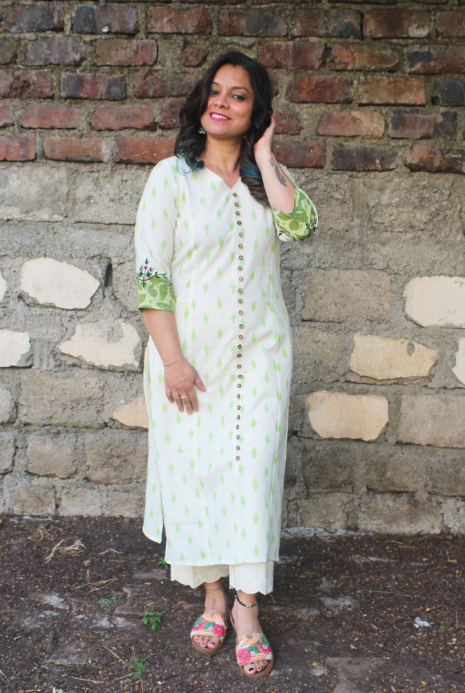 White & Green Straight Cut Ikat Kurti