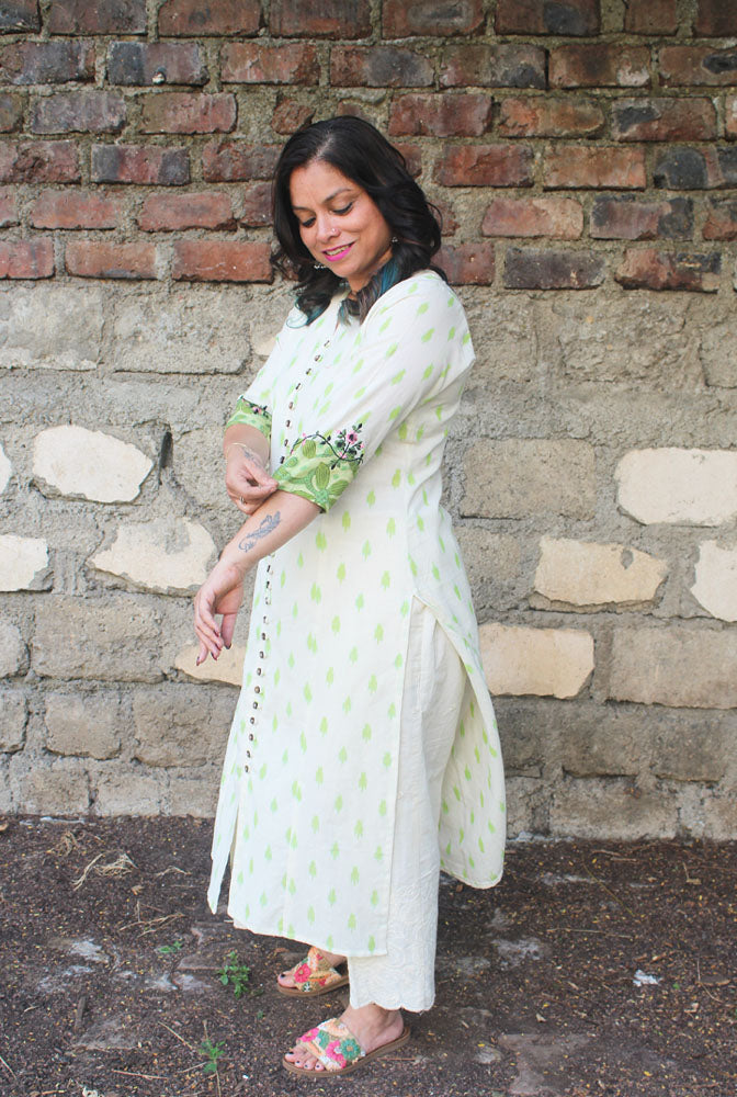 White & Green Straight Cut Ikat Kurti