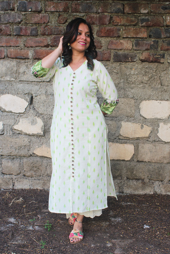 White & Green Straight Cut Ikat Kurti