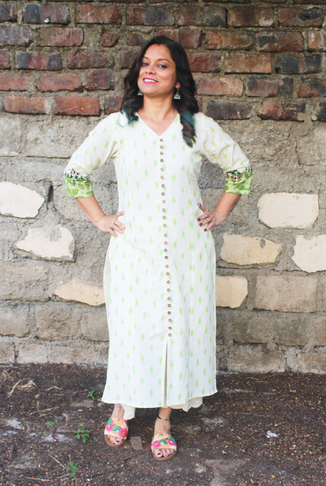 White & Green Straight Cut Ikat Kurti