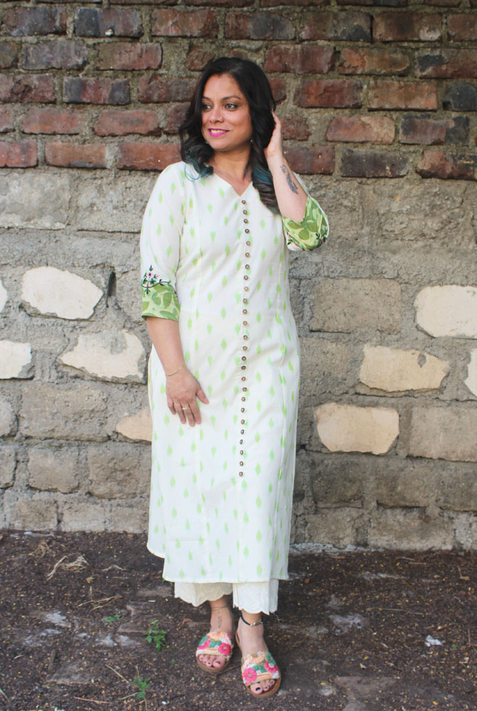 White & Green Straight Cut Ikat Kurti