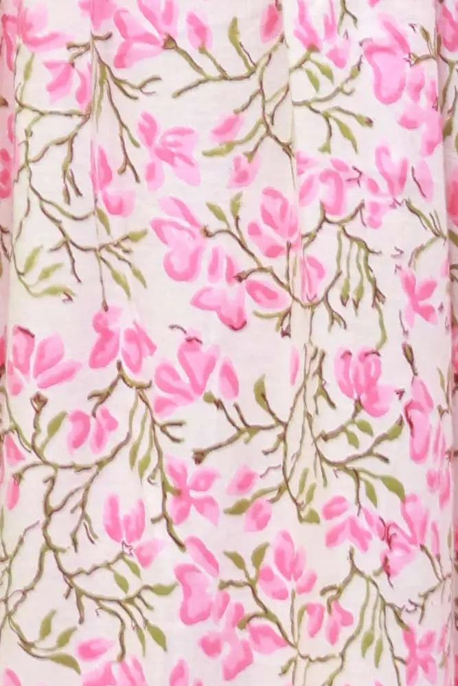 Gulmohar White & Pink Cotton Hand Block Dress with Lining
