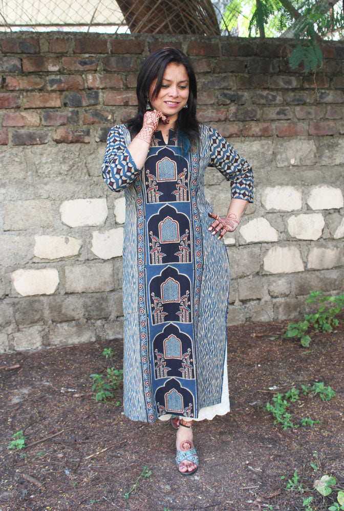 Straight cut designer Ajrakh Kurti (E)