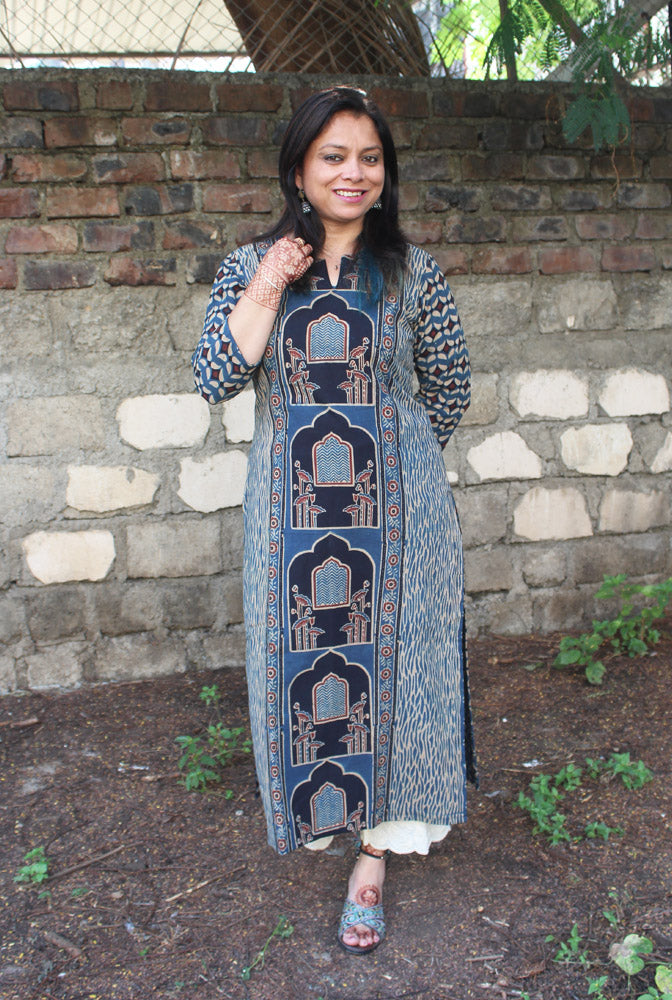 Straight cut designer Ajrakh Kurti (E)