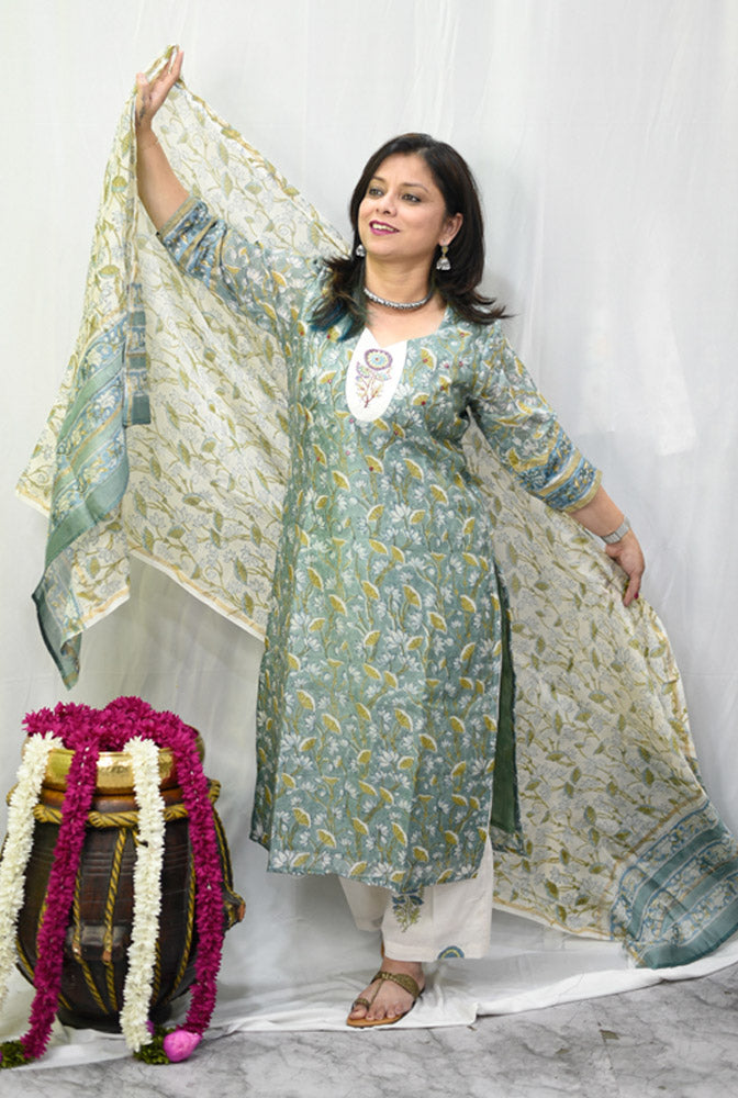 Chanderi kurti with Comfort Fit Cotton Pant & Chanderi Dupatta (C)