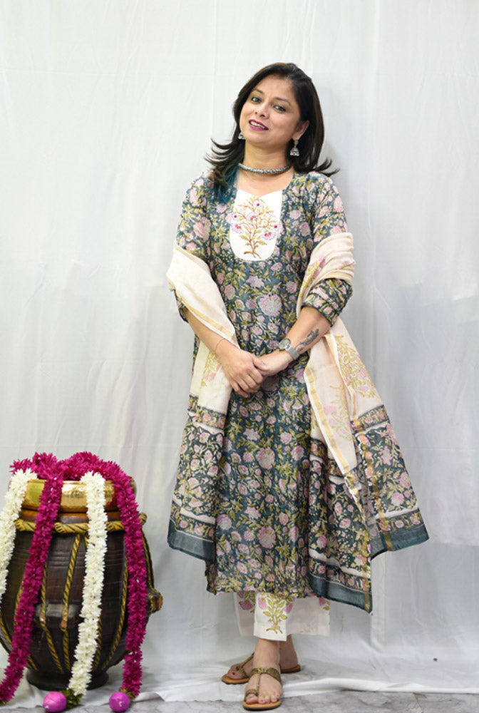 Chanderi kurti with Comfort Fit Cotton Pant & Chanderi Dupatta (B)