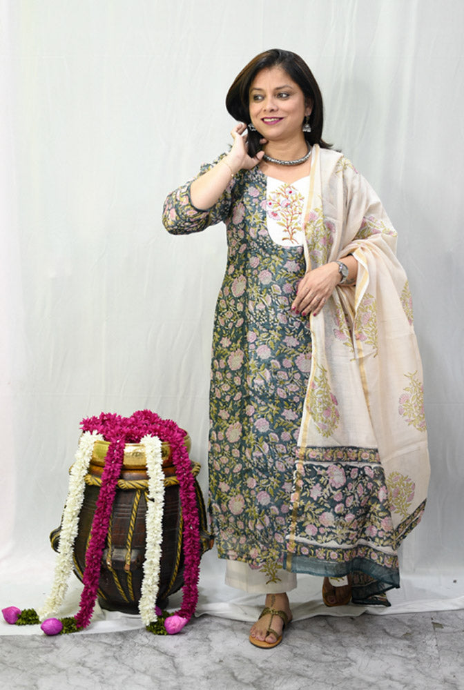 Chanderi kurti with Comfort Fit Cotton Pant & Chanderi Dupatta (B)