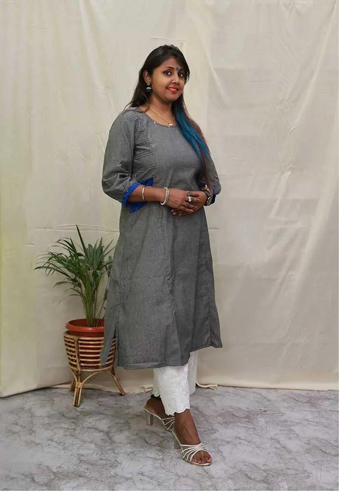 Solid Grey Kurti with Ikat Twist