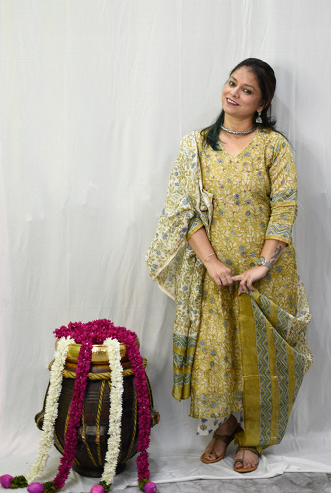 Chanderi kurti with Comfort Fit Cotton Pant & Chanderi Dupatta (A)
