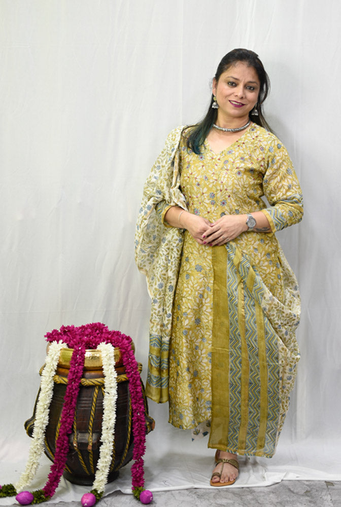 Chanderi kurti with Comfort Fit Cotton Pant & Chanderi Dupatta (A)