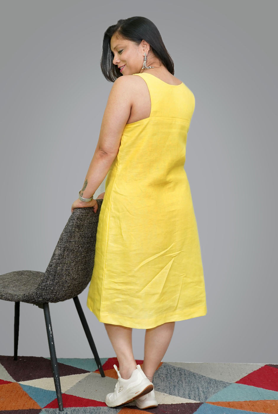 Yellow Linen Knee-Length Dress
