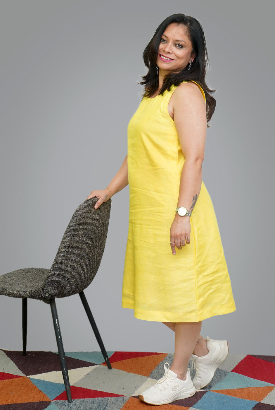 Yellow Linen Knee-Length Dress