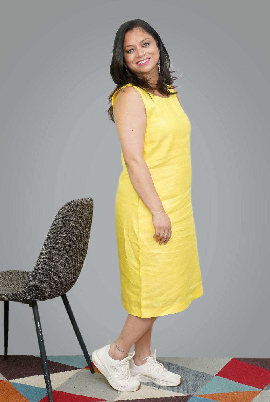 Yellow Linen Knee-Length Dress