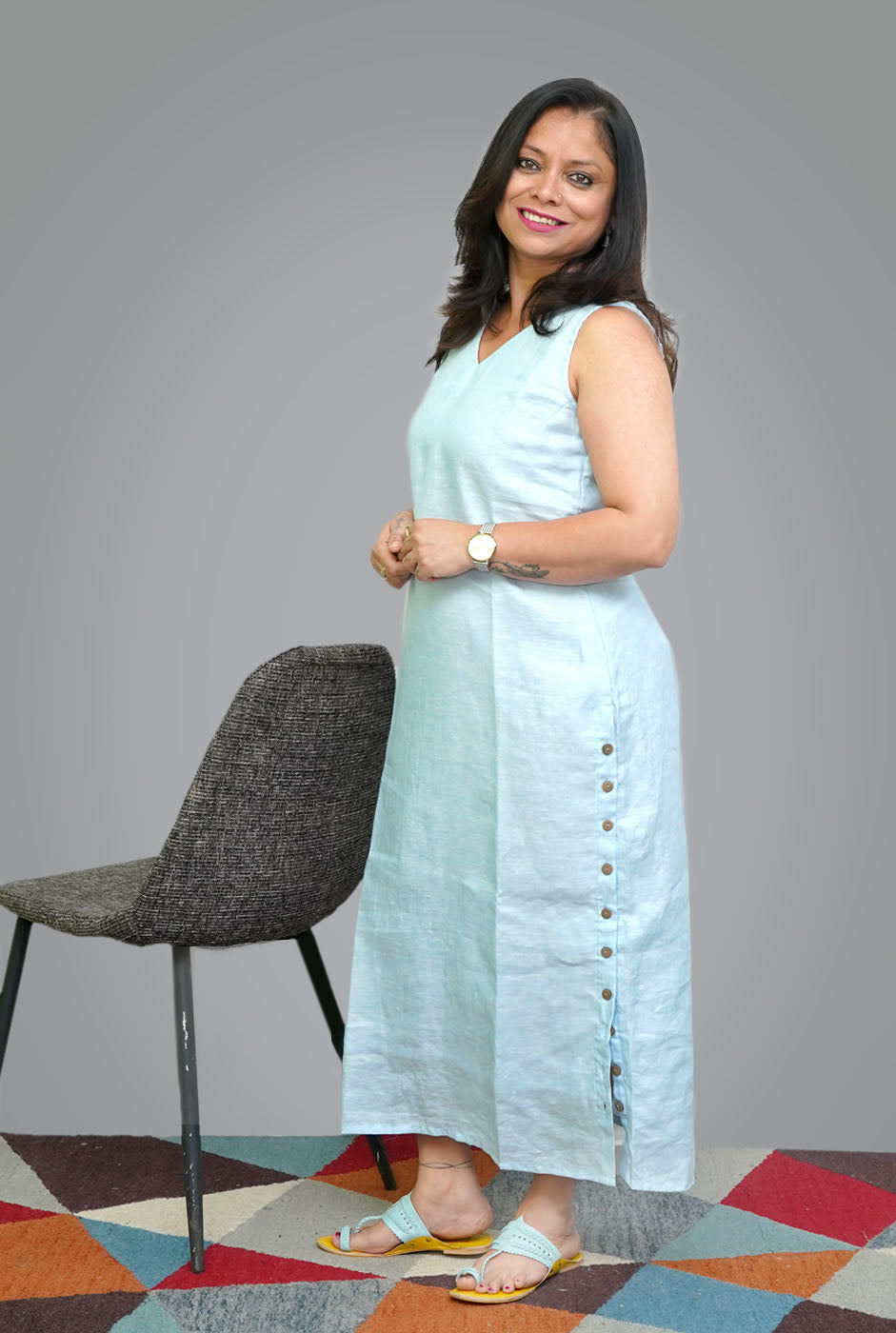 Blue Calf-Length Linen Dress