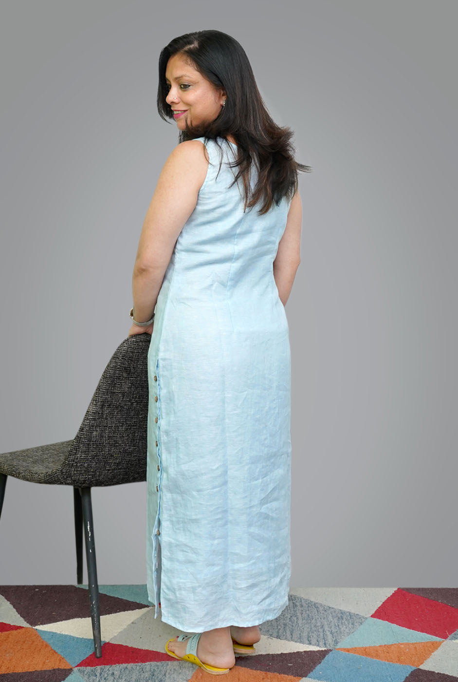 Blue Calf-Length Linen Dress