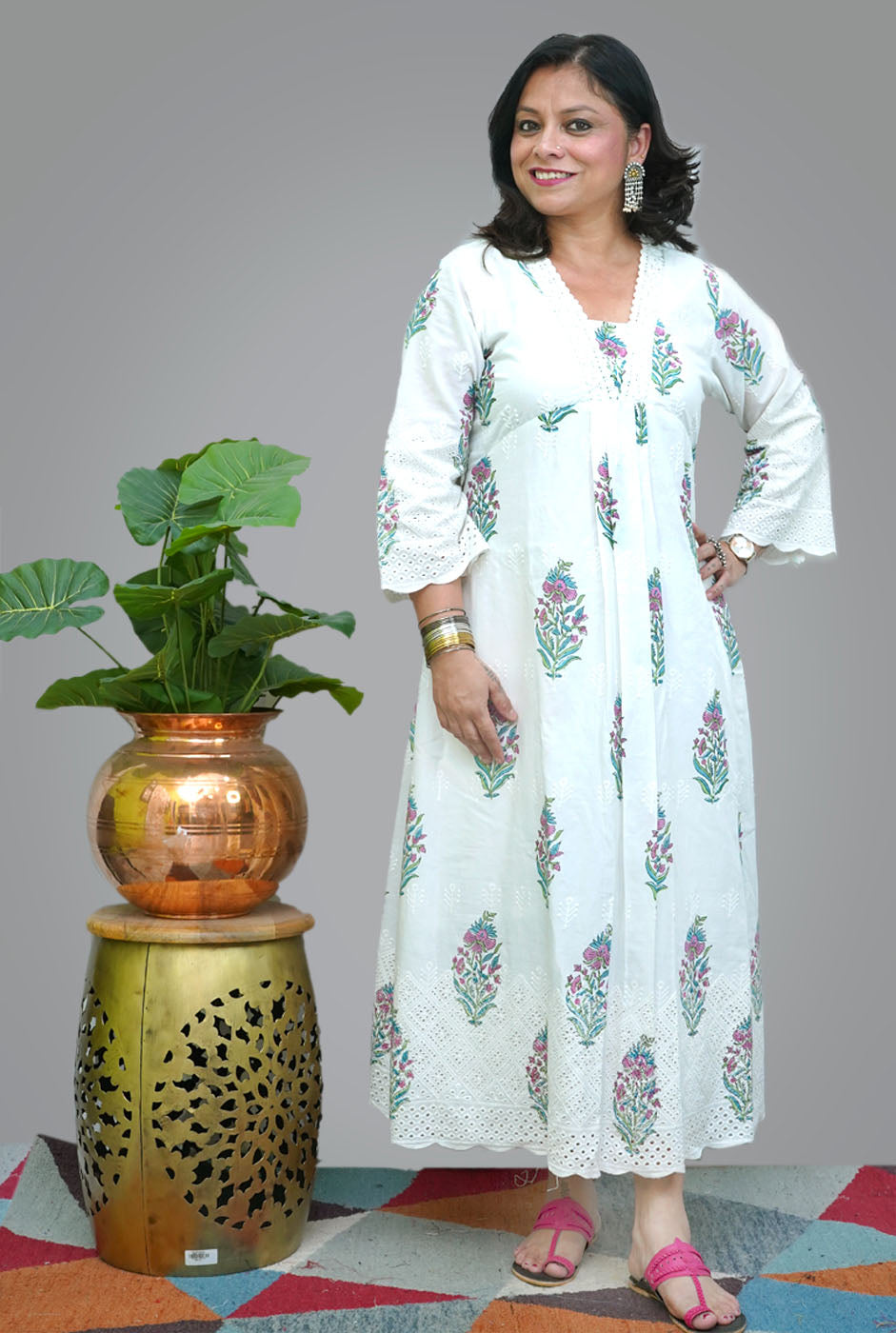 Hand Blocked Chikankari Cutwork Kurti with Lining (A)