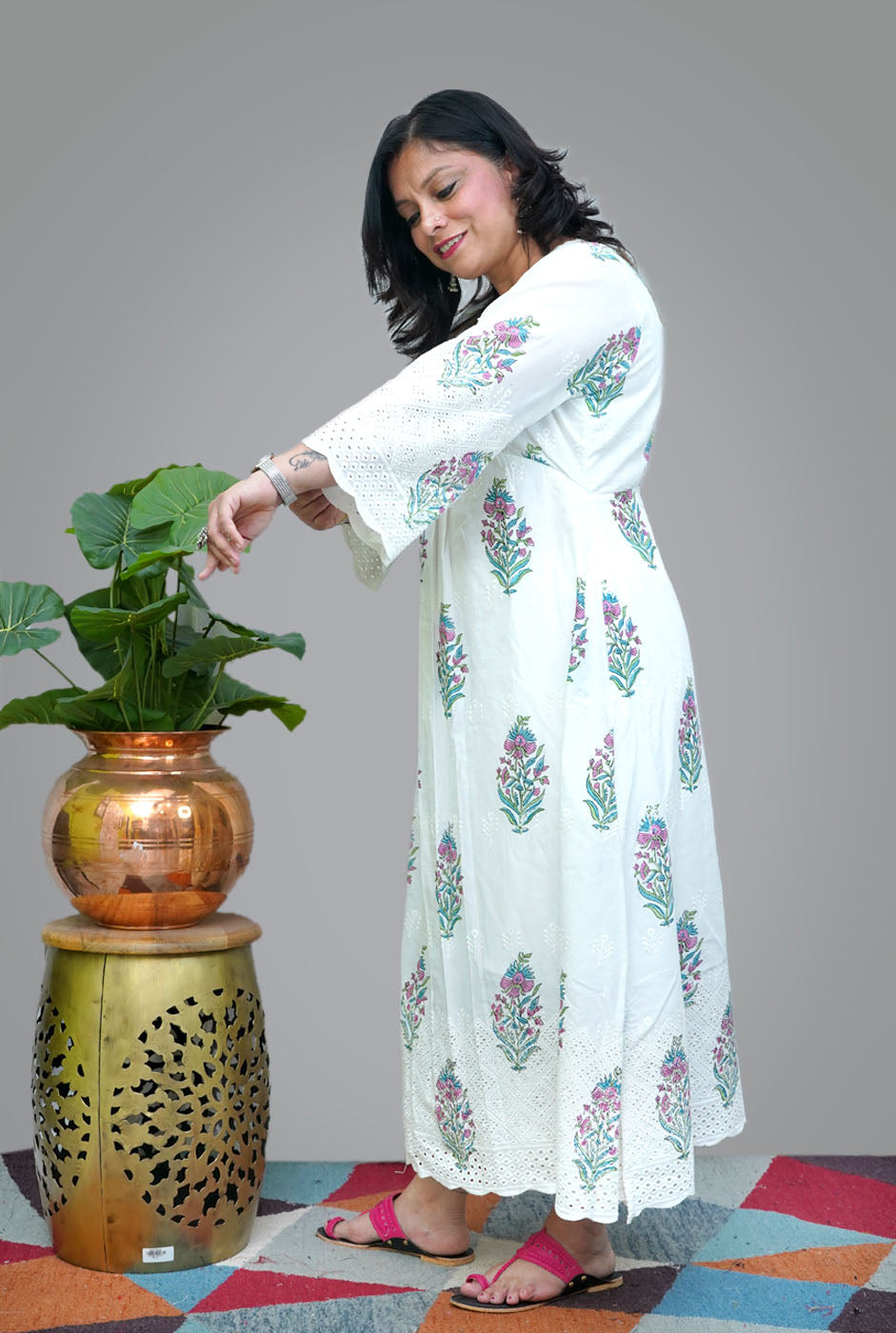 Hand Blocked Chikankari Cutwork Kurti with Lining (A)
