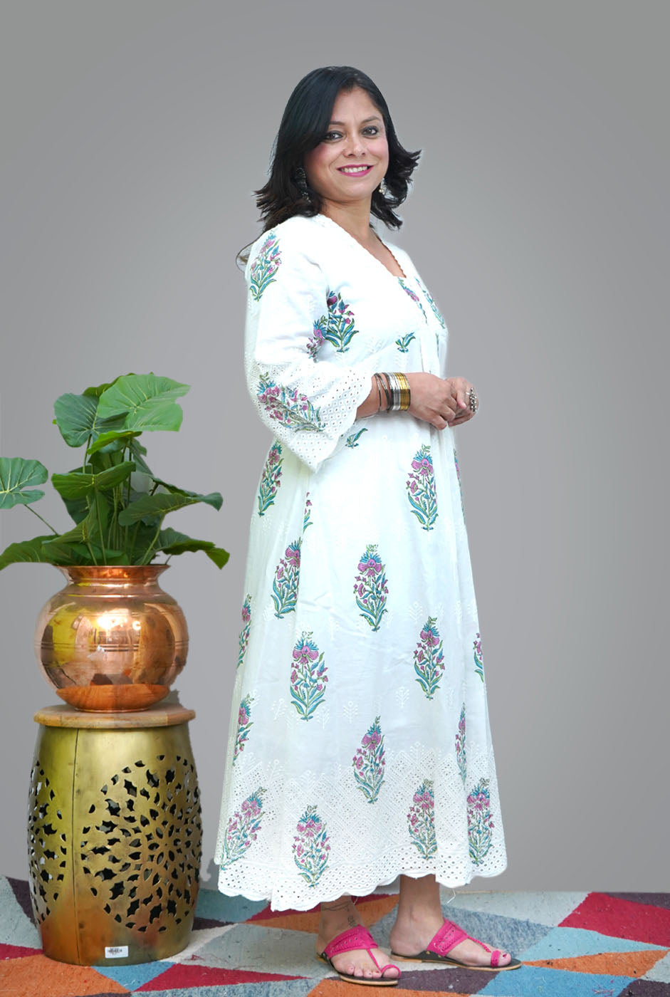 Hand Blocked Chikankari Cutwork Kurti with Lining (A)
