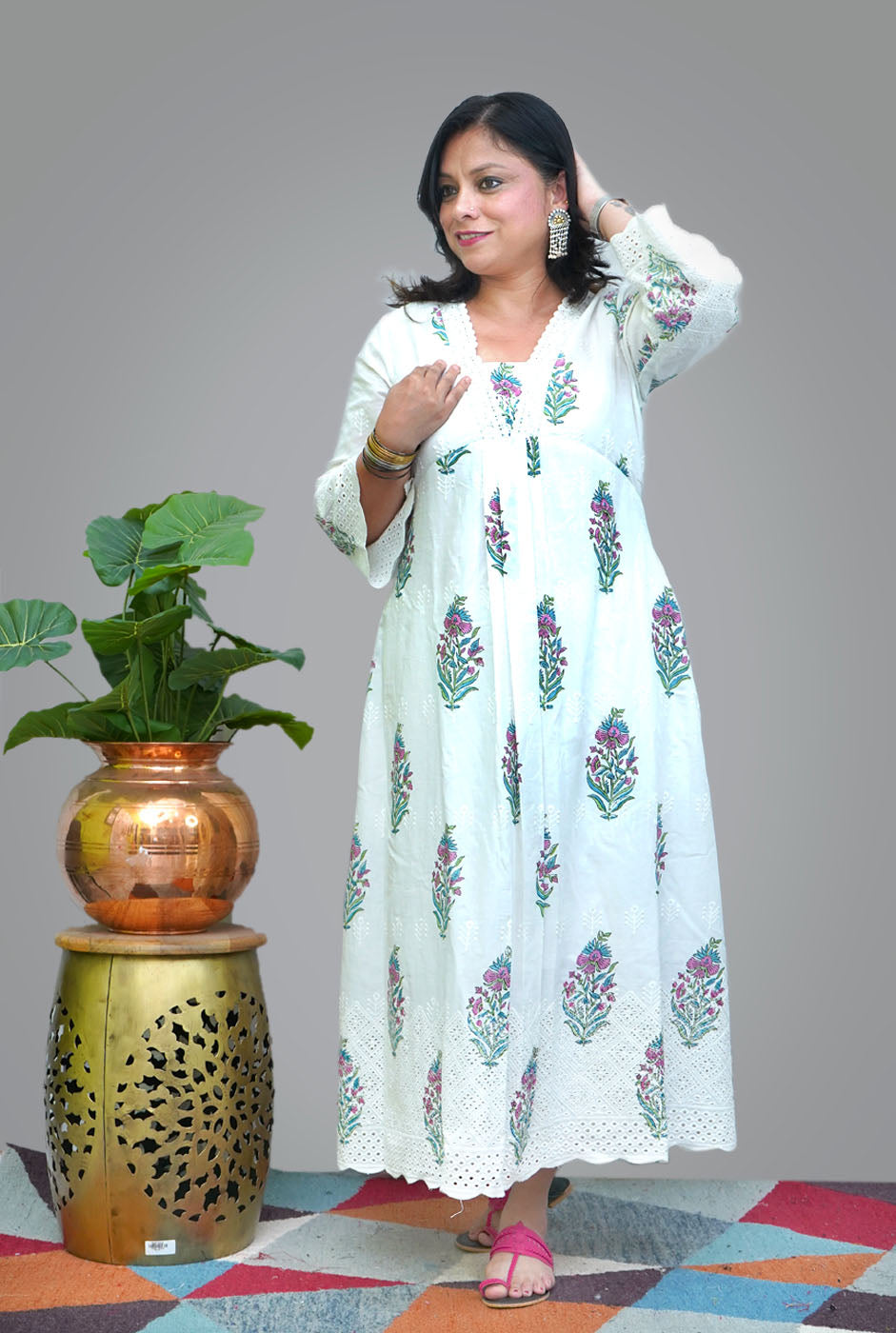 Hand Blocked Chikankari Cutwork Kurti with Lining (A)