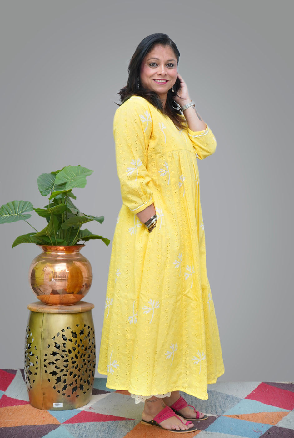 Yellow Hand Block Schiffli Kurti/ Dress