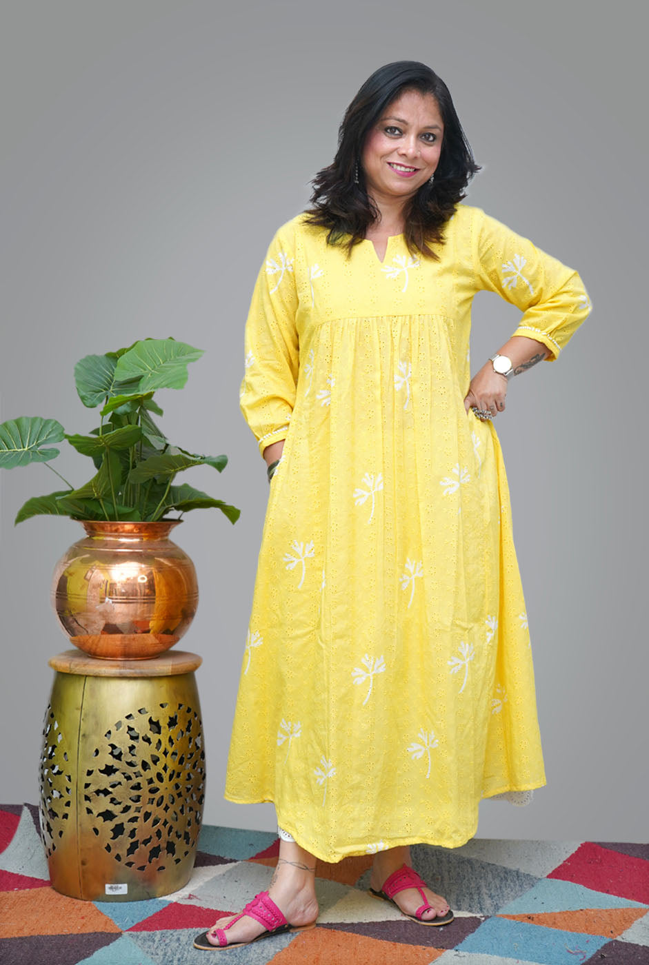 Yellow Hand Block Schiffli Kurti/ Dress