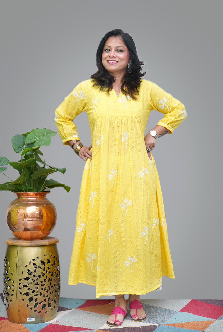 Yellow Hand Block Schiffli Kurti/ Dress