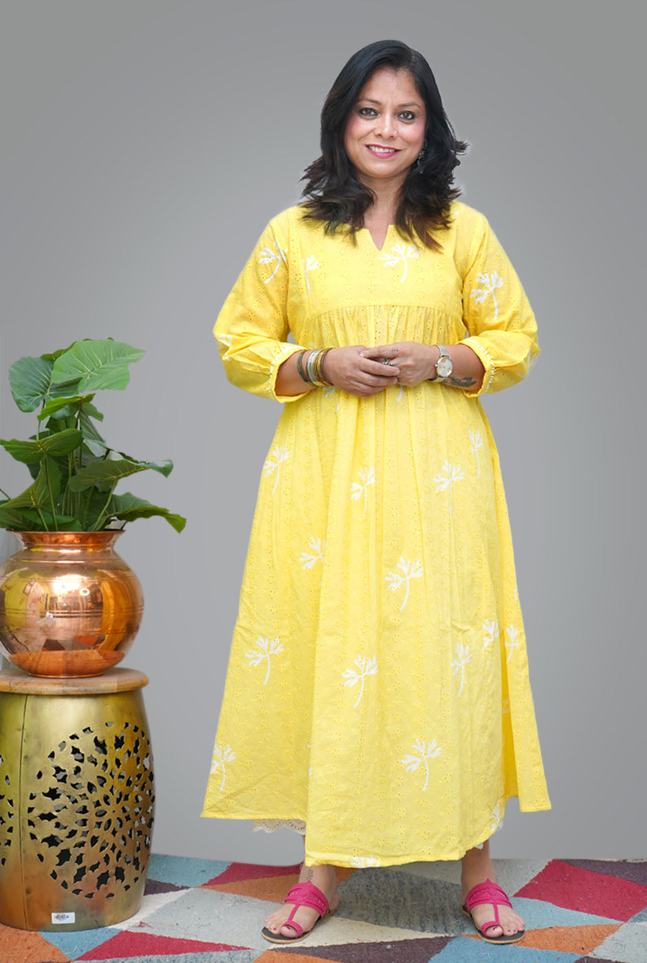 Yellow Hand Block Schiffli Kurti/ Dress