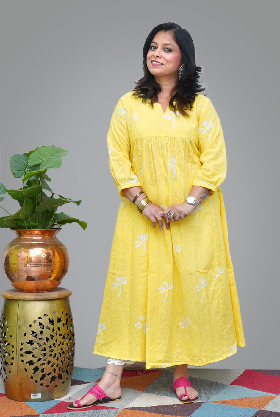 Yellow Hand Block Schiffli Kurti/ Dress