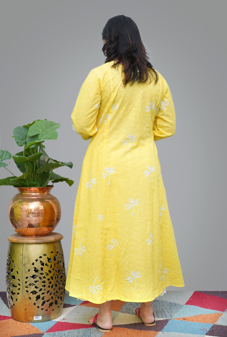 Yellow Hand Block Schiffli Kurti/ Dress