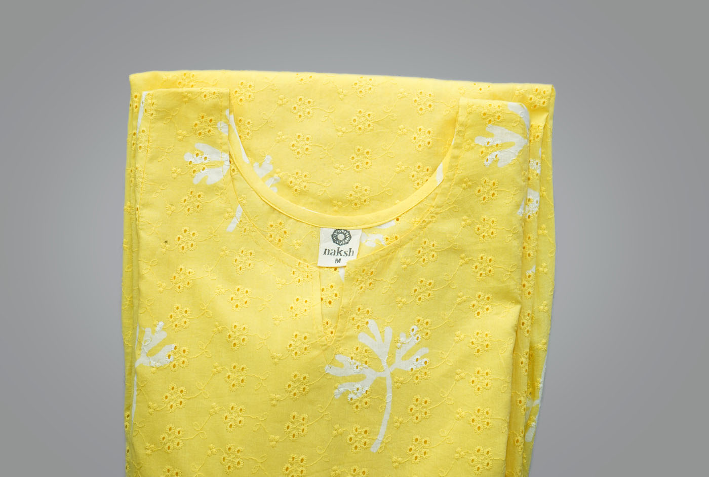 Yellow Hand Block Schiffli Kurti/ Dress