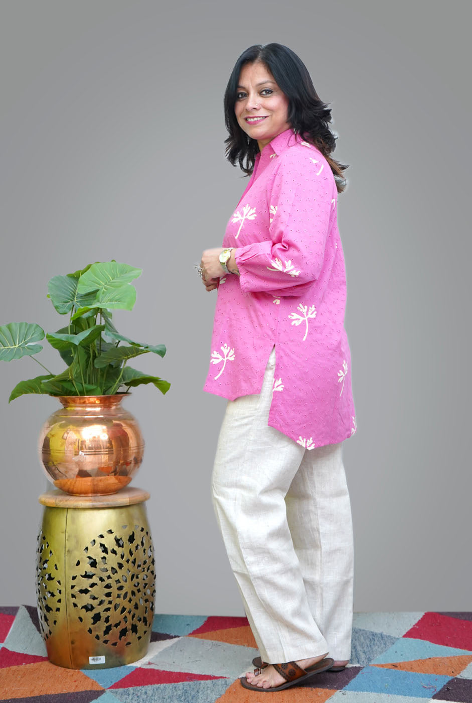 Pink Hand Block Schiffli Short Top/ Kurta