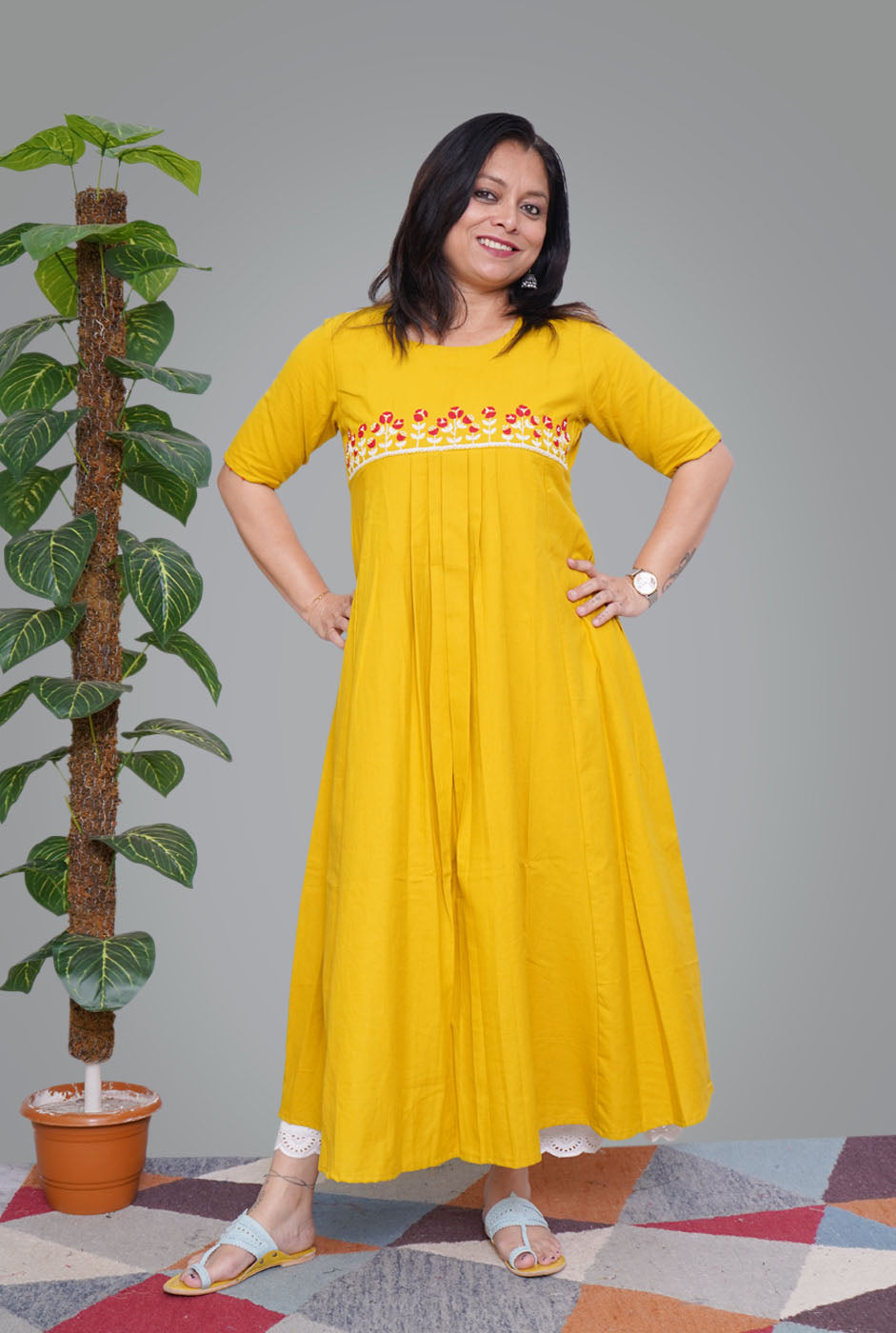 Yellow Premium Handloom Cotton Embroidered Dress/ Kurta