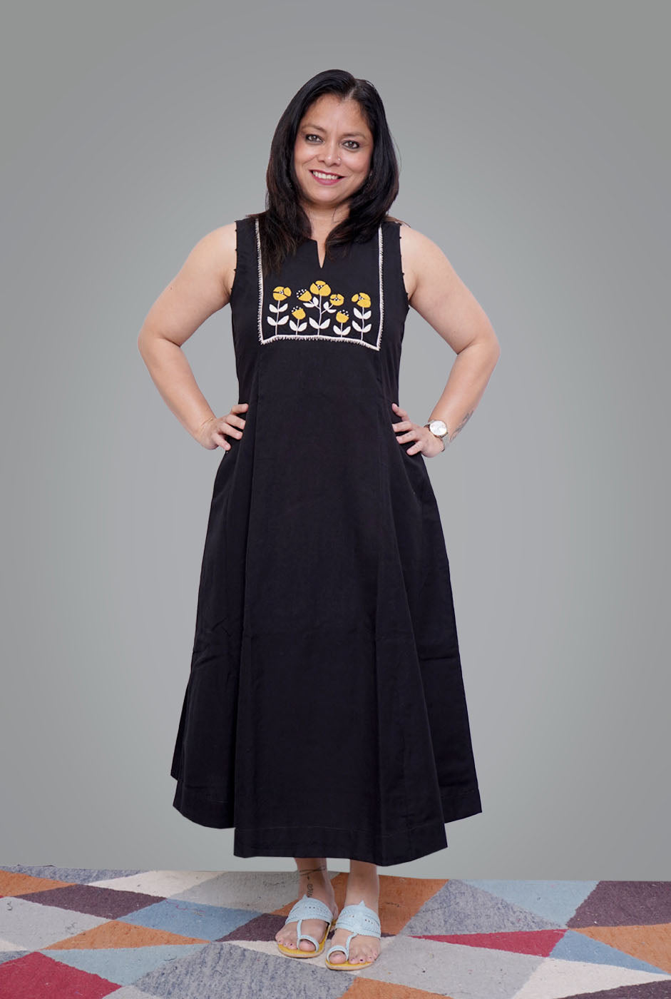 Black Premium Handloom Cotton Embroidered Dress/ Kurta