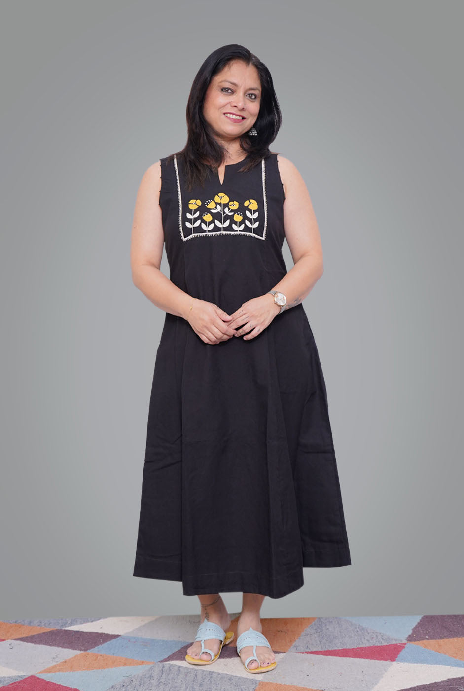 Black Premium Handloom Cotton Embroidered Dress/ Kurta