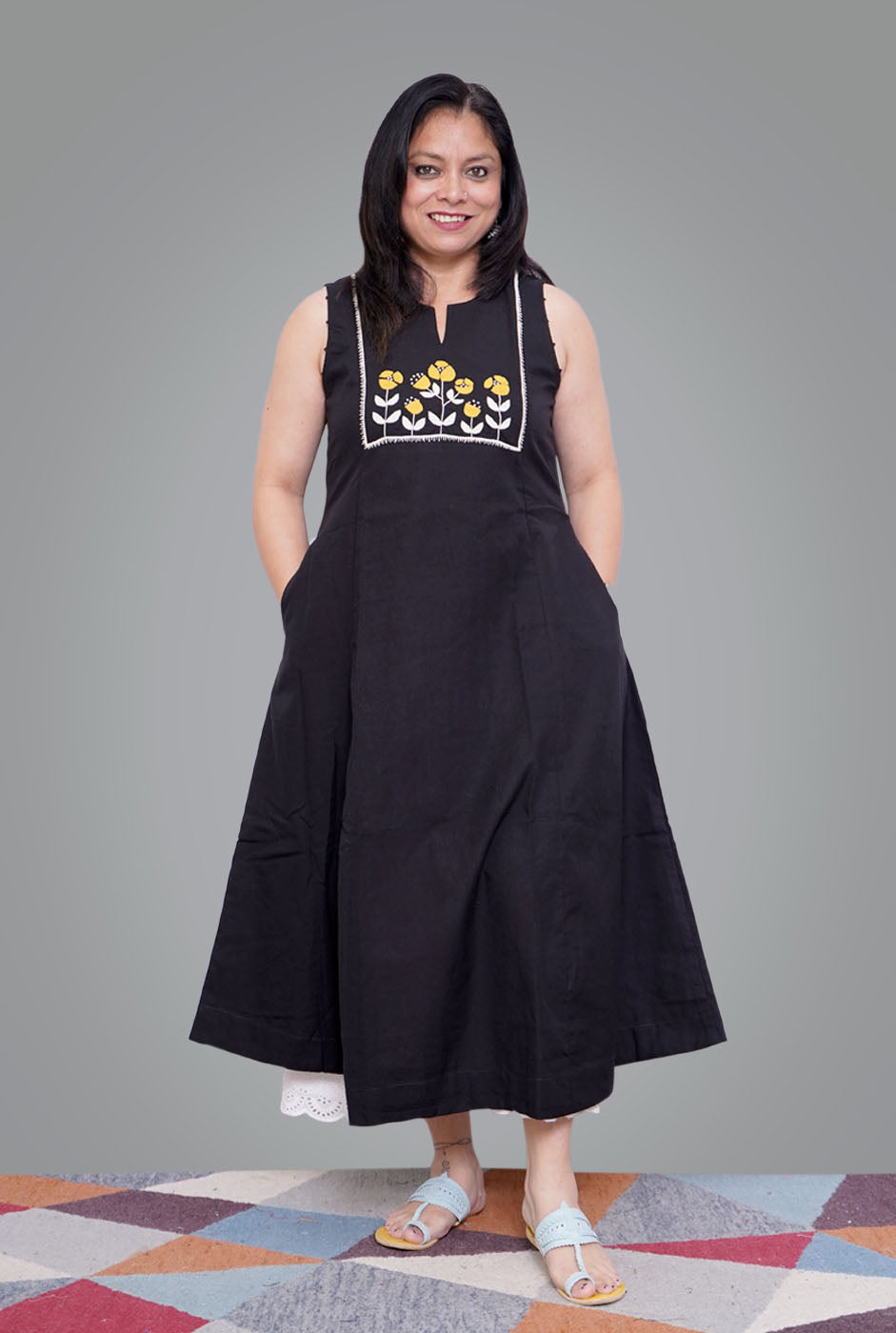 Black Premium Handloom Cotton Embroidered Dress/ Kurta