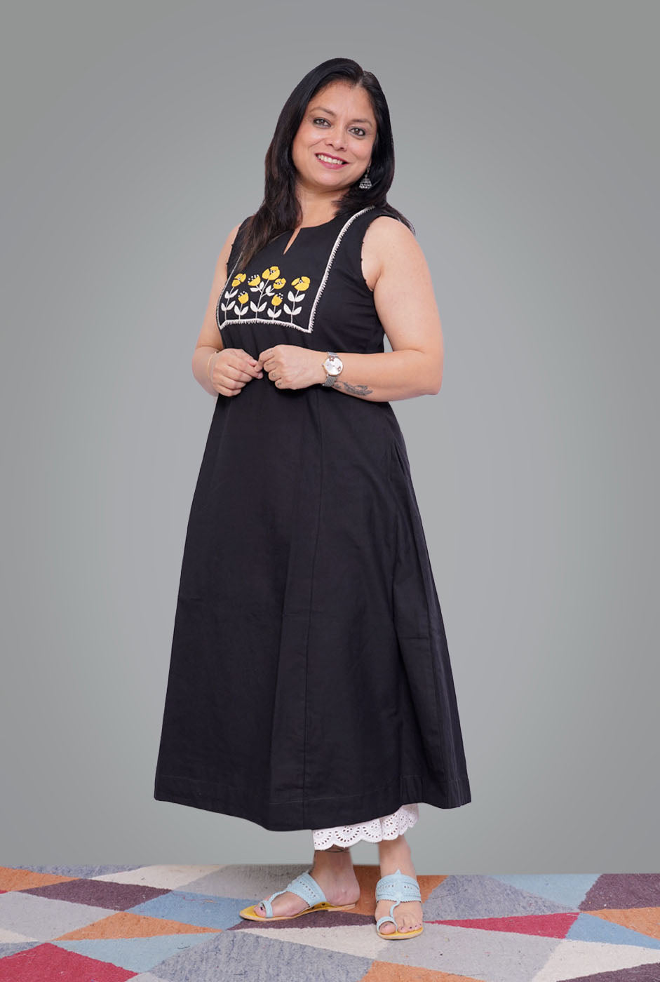 Black Premium Handloom Cotton Embroidered Dress/ Kurta