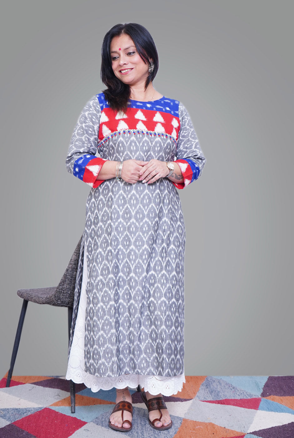 Exclusive Ikat Grey Kurti with Yoke