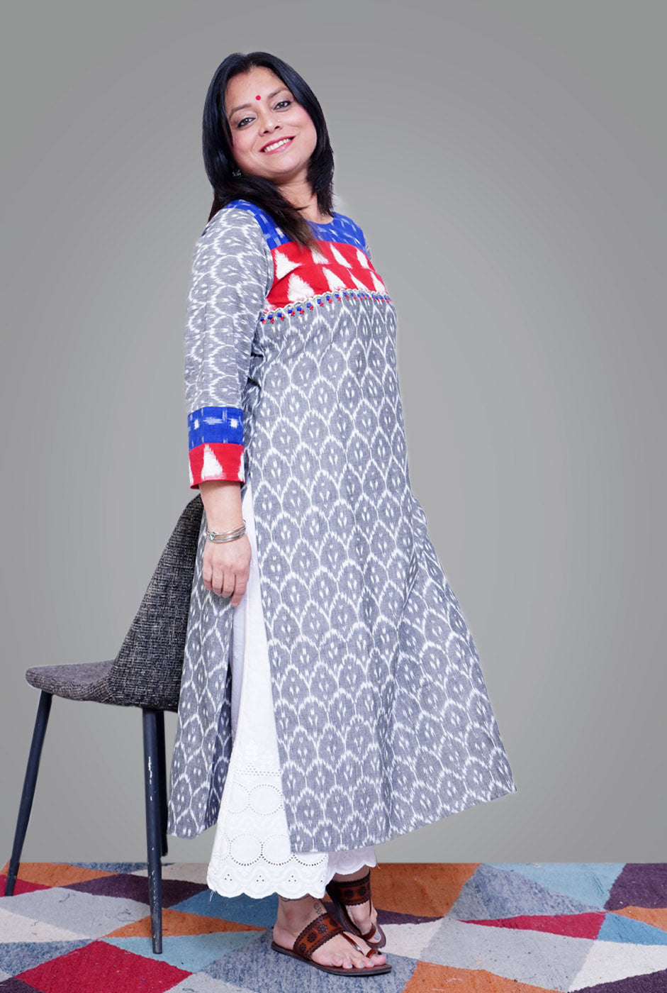 Exclusive Ikat Grey Kurti with Yoke