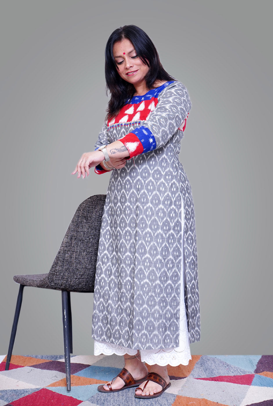 Exclusive Ikat Grey Kurti with Yoke
