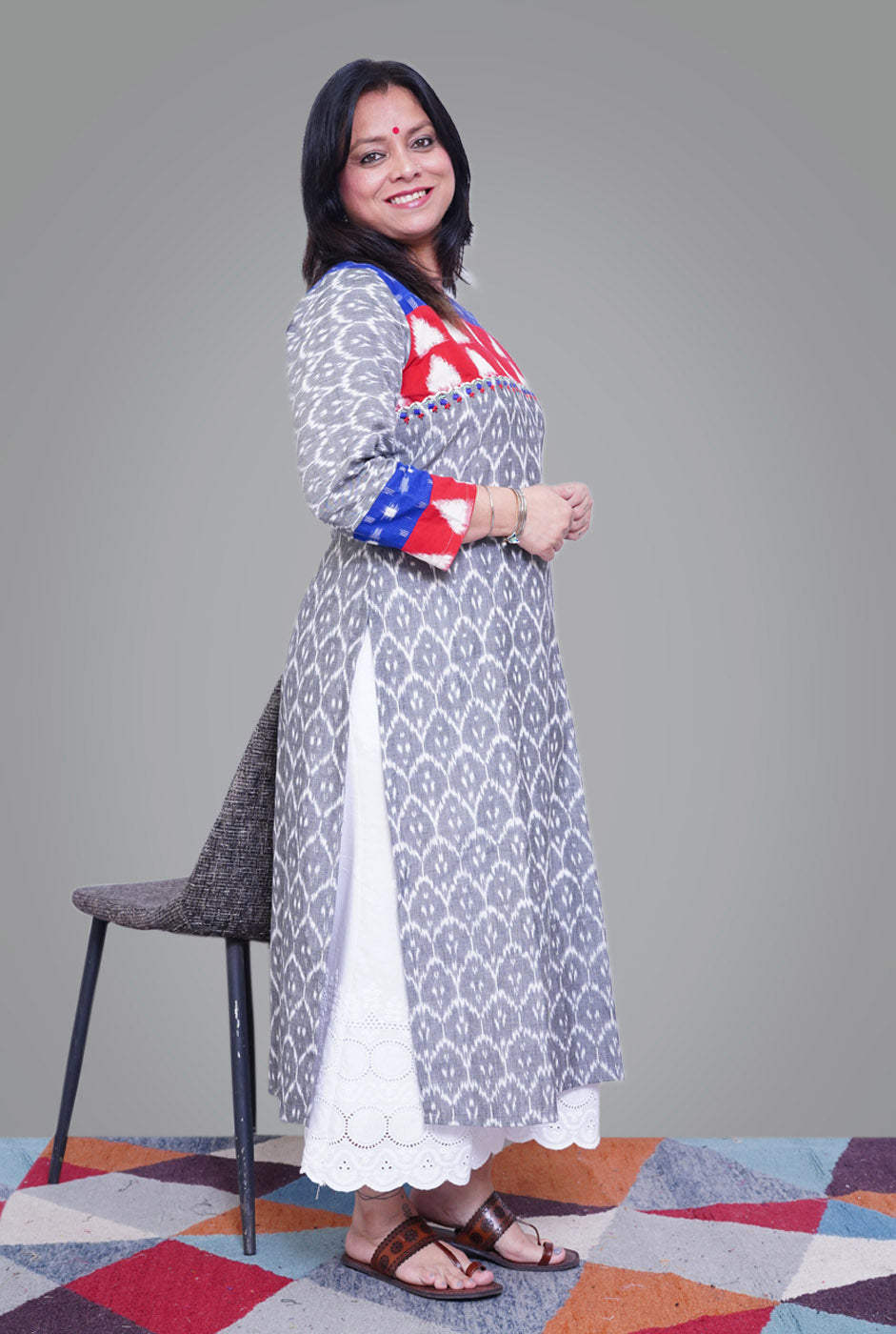Exclusive Ikat Grey Kurti with Yoke